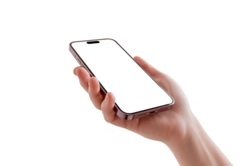 Close-up of a woman hand gently holding a modern smartphone tilted backward, bottom view showing charging port and speaker, isolated background and screen.
