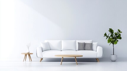 A minimalist living room featuring a white sofa, light wood accents, a small side table, and a green plant against a bright wall.