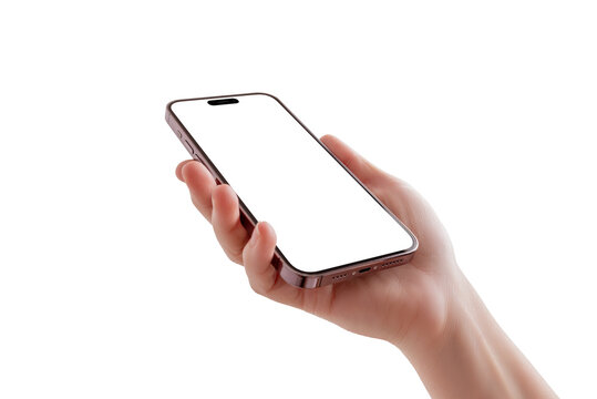 Close-up of a woman hand gently holding a modern smartphone tilted backward, bottom view showing charging port and speaker, isolated background and screen.