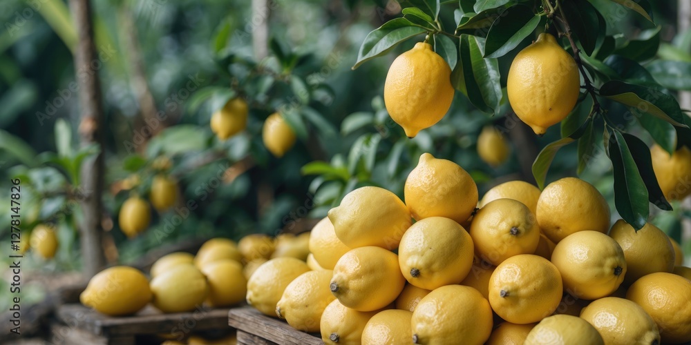 Aufkleber freshly harvested lemons stacked in wooden crates with lemon tree branches in the background in a su