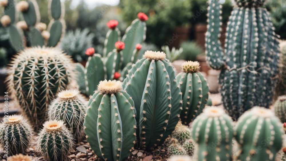 Poster variety of cacti in a garden setting featuring different shapes and sizes with vibrant flowers and s