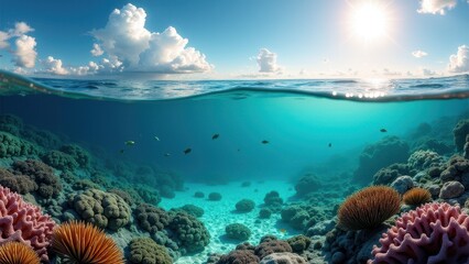 Naklejka premium Split view of vibrant coral reef with colorful fish underwater and clear sky with clouds above 