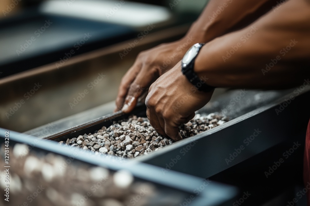 Poster a close-up of a workerâ€™s hands loading materials into an automated machine, emphasizing the precis