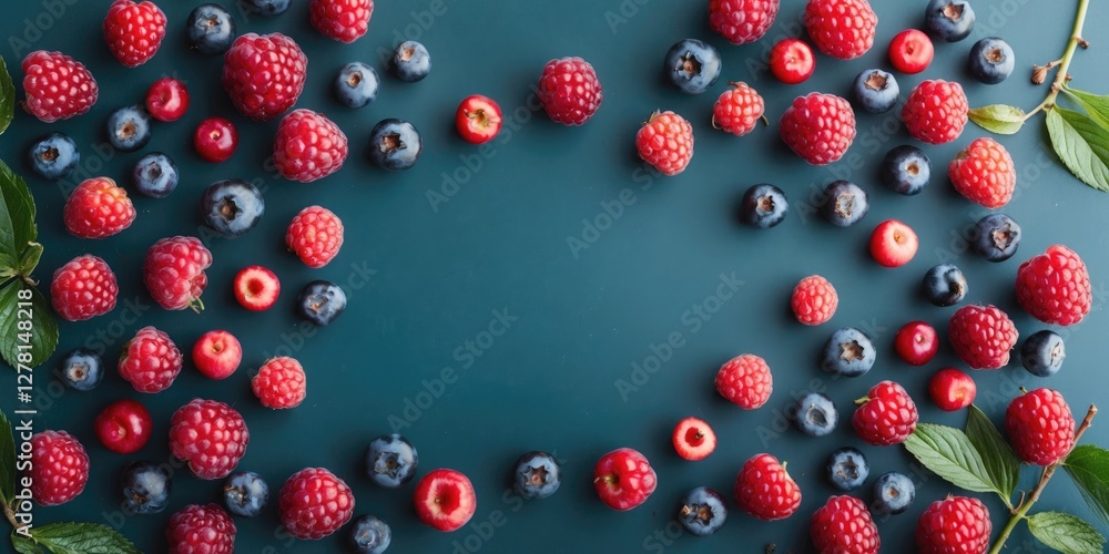 Poster assorted mixed berries including raspberries and blueberries arranged on a teal background with gree
