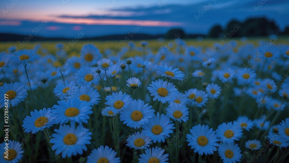 Poster field of blue daisies under a twilight sky with soft clouds and distant tree line creating a tranqui