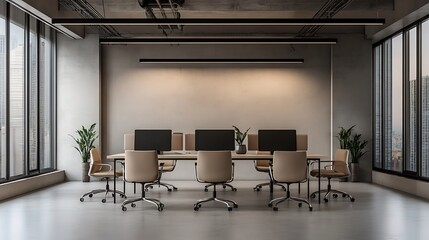 Modern Beige Office Workspace With City View