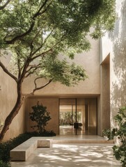 Serene courtyard with a mature tree casting shadows on the marble floor of a modern minimalist building