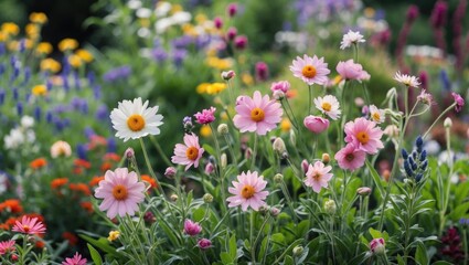 Obraz premium Colorful blooming wildflowers in a garden setting with various species displaying vibrant petals and lush green foliage.
