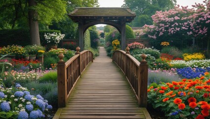 Fototapeta premium Wooden bridge in a vibrant flowering garden with assorted colorful plants and a trellis archway in a serene landscape setting