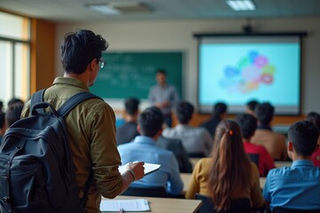 Fototapeta premium Young Male Student with Backpack Attending Classroom Lecture in University Setting with Engaged Audience and Colorful Presentation on Screen