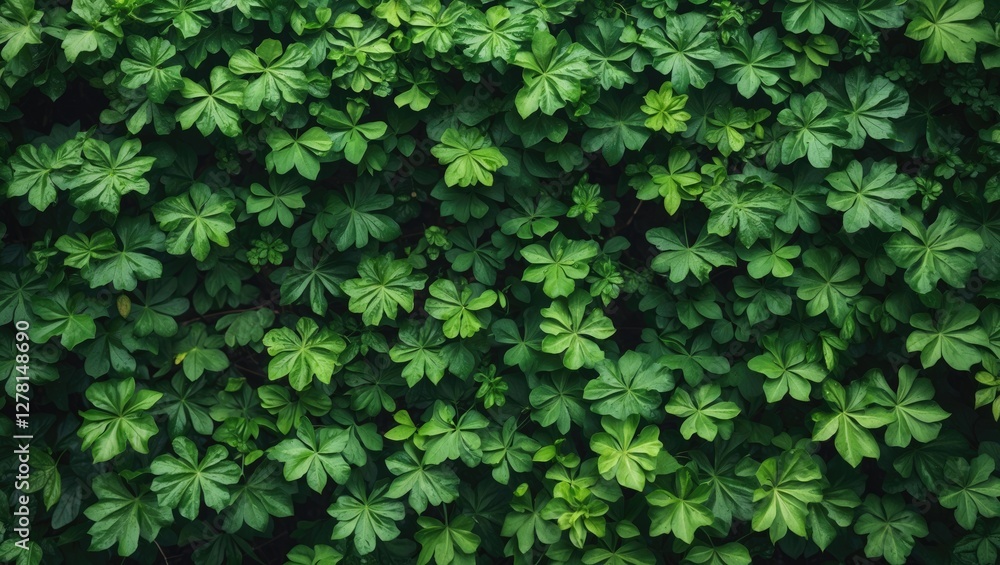 Poster lush green foliage background with dense pattern of clover leaves for natural texture and design ele
