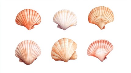A collection of six scallop shells in various shades, showcasing their natural beauty and intricate patterns against a plain background.