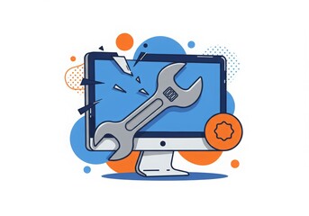 A computer monitor and wrench symbolizing the need for repairs, troubleshooting, and technical support. This visual represents IT maintenance, hardware fixes, and system optimization