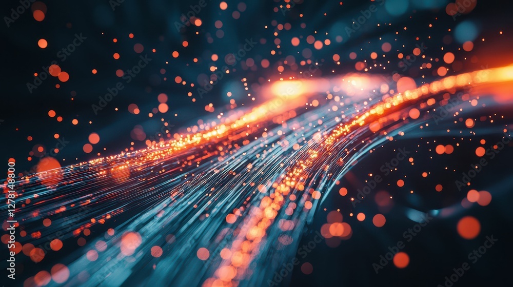 Poster dynamic abstract light trails with glowing particles in motion
