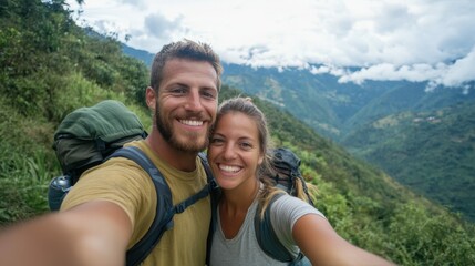 Couple taking a selfie while hiking in the mountains