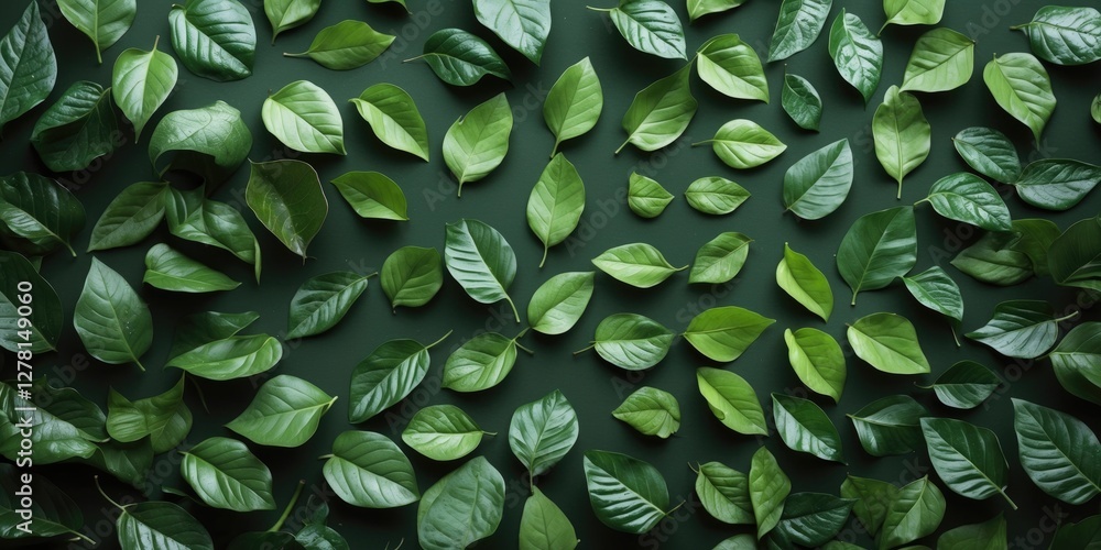 Poster assorted green leaves flat lay on dark background showcasing various shapes and sizes of foliage arr