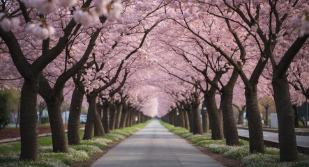 Obraz premium Cherry blossom trees lining a symmetrical pathway in full bloom during spring season with vibrant pink flowers and green grass.