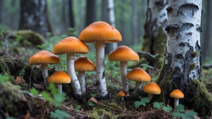 Orange mushrooms in a forest setting with birch trees and lush green undergrowth in the background.