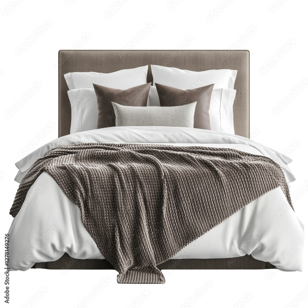 Poster luxurious bed with plush pillows and cozy blanket, perfect for restful sleep. elegant design and sof