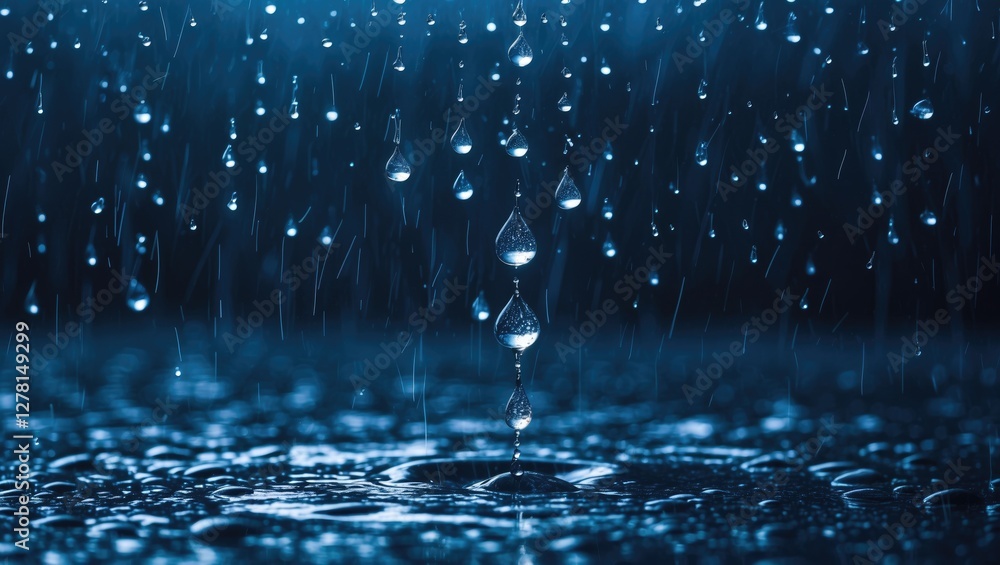 Poster close-up image of falling rain droplets creating ripples on a wet surface with a dark blue backgroun