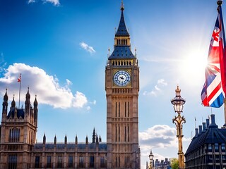 Obraz premium Iconic View of Big Ben and the Union Jack Flag