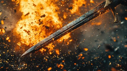 Dramatic Sword Emerges from Fiery Explosion with Flying Debris