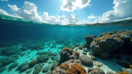 Split view of underwater coral reef and coastal landscape with clear water under partly cloudy sky	