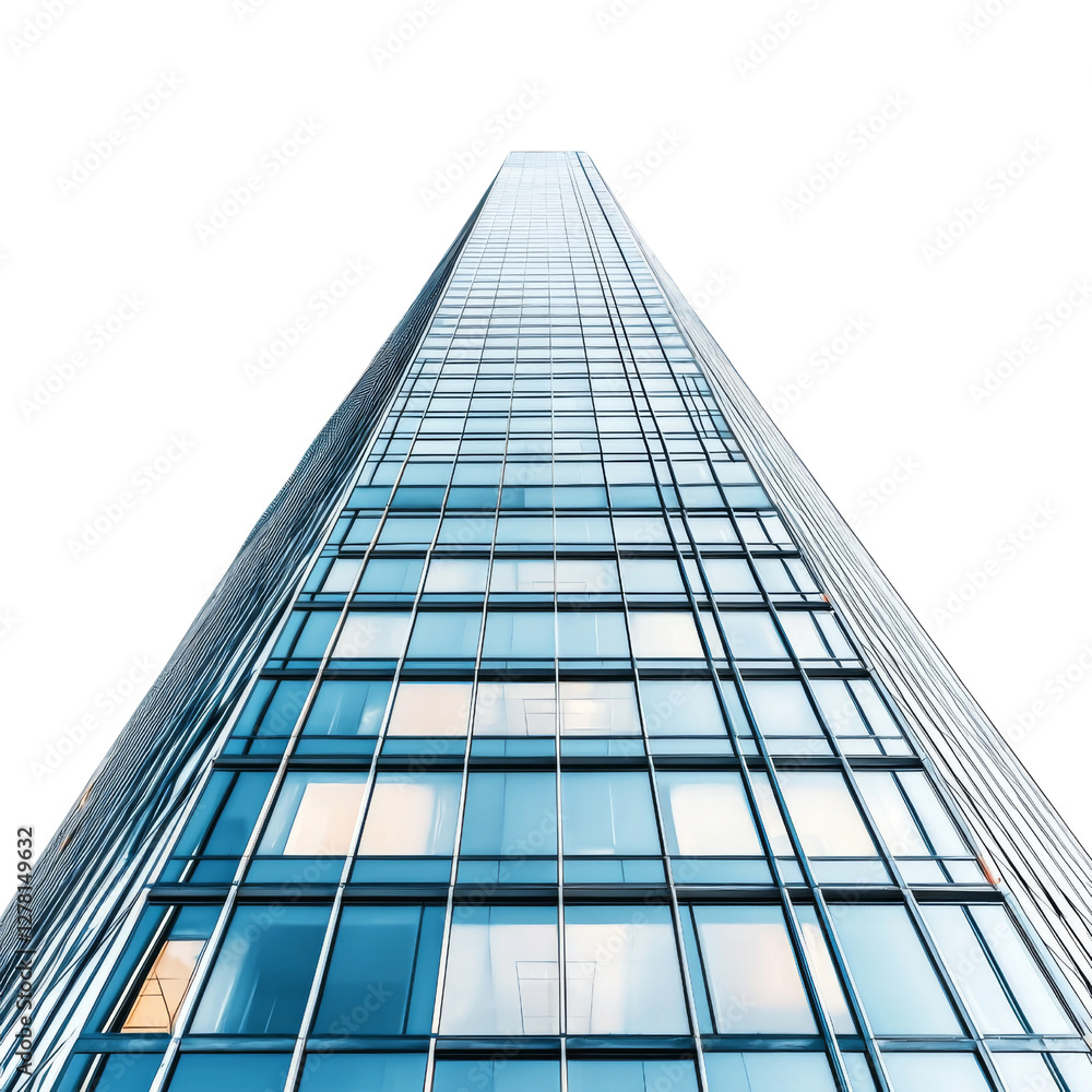 Aufkleber tall glass skyscraper viewed from below, showcasing its modern architecture and reflective windows. image conveys sense of height and urban sophistication