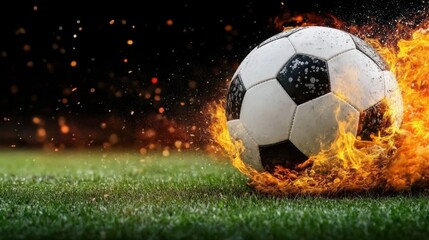 Fototapeta premium A dynamic image of a soccer ball rolling on grass, engulfed in flames, symbolizing energy and excitement in the sport.