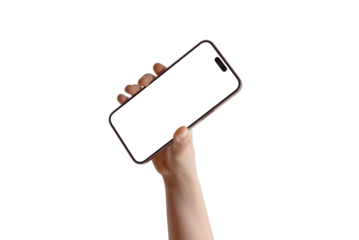 Hand raising a smartphone in the air, screen facing forward, isolated display for app, design, or interface promotion, set against a white background.