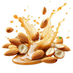 Almonds splashing in caramel glaze, isolate on white background. cutout png.