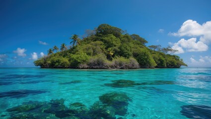Obraz premium Tropical island surrounded by clear turquoise waters and lush greenery under a blue sky with fluffy clouds.