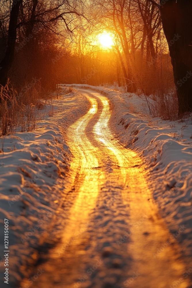 Poster winter landscape with snowy path illuminated by golden sunset light through trees in the forest crea