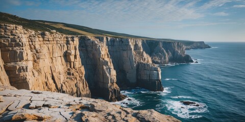 Cliffs overlooking ocean waves under a clear sky with scattered clouds in a coastal landscape during daylight hours
