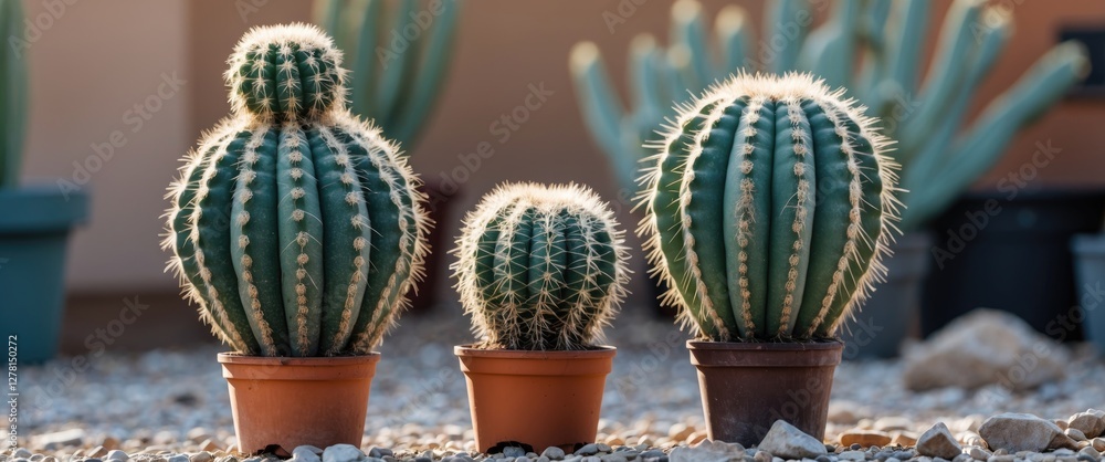 Poster collection of three cacti in terracotta pots displayed on gravel surface with additional cacti in th
