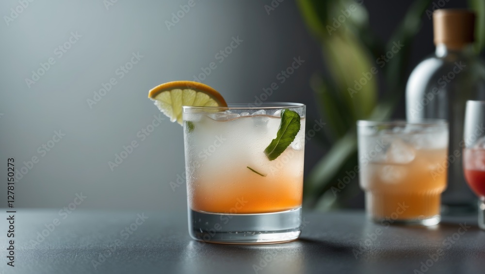 Poster cocktail with ice garnished with lemon and mint on a dark surface with blurred background of bottles