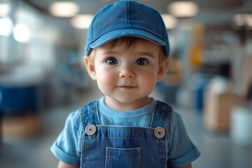 Small child wearing blue cap and denim overalls poses in bright indoor space during daytime playtime
