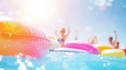 A group of friends enjoying a pool party with colorful floaties and bright sunlight, relaxed and vibrant mood,