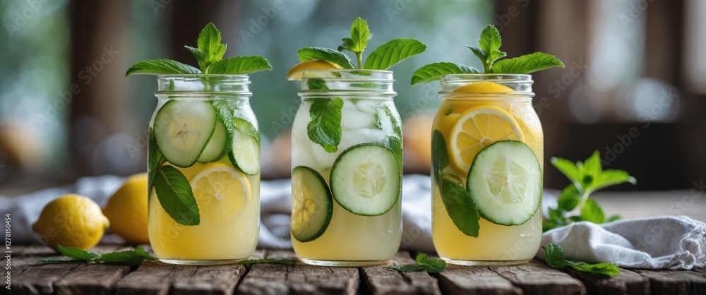 Poster three jars of refreshing lemonade infused with cucumber slices and mint leaves on a wooden table wit