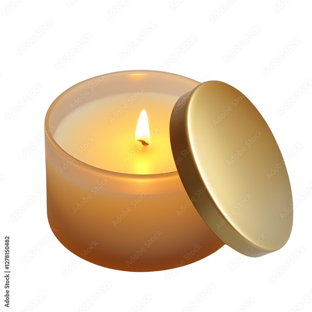 Poster glowing candle in frosted glass container with gold lid, creating warm and inviting atmosphere. Perfect for relaxation and ambiance