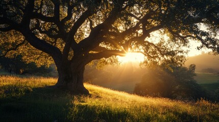 Silhouette of large oak tree against golden sunset