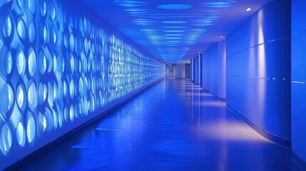 Futuristic Dimly Lit Hallway with Blue Lighting and Patterns