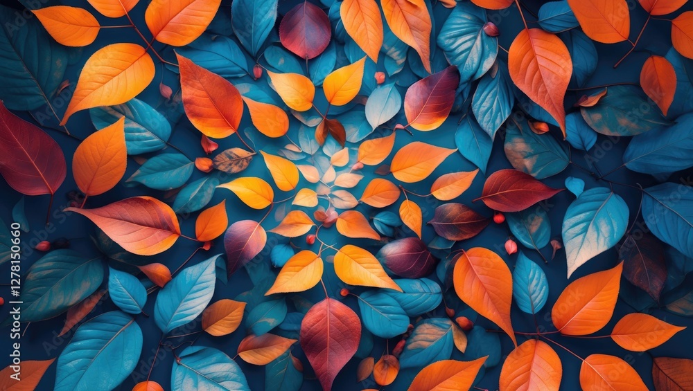 Poster colorful autumn leaves arranged in a circular pattern with a dark blue background creating a vibrant