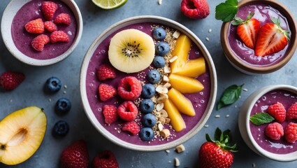 Colorful smoothie bowls topped with fresh fruits including kiwi, mango, berries, granola, and mint on a textured surface.