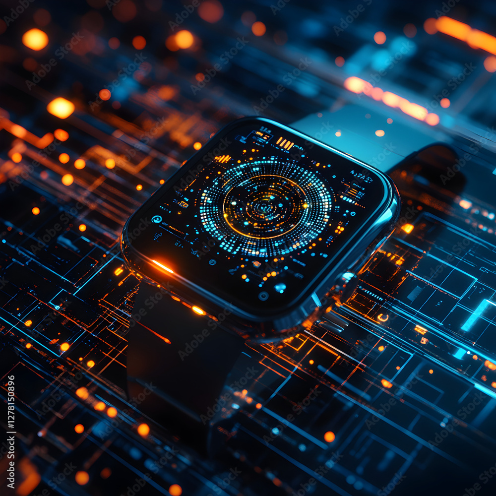 Poster smartwatch in the digital realm: a high-tech smartwatch rests amidst a network of intricate circuits