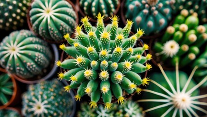 Fototapeta premium assortment of various cacti with vibrant yellow flowers in pots shot from above in natural light