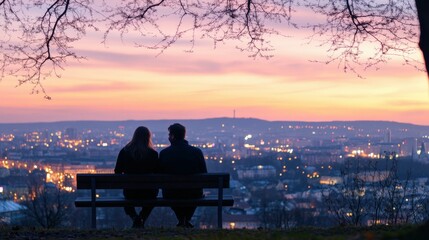 Obraz premium Romantic evening: couple enjoying scenic sunset view from park bench