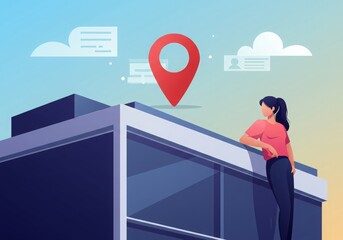 An illustration featuring a location pin, an office building, and a female worker, emphasizing a site-based job opportunity. means workplace location, career opportunities and women in the workforce
