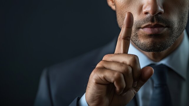 Man in Dark Suit and Light Blue Shirt with Dark Tie, Gesturing with Raised Index Finger, Symbolizing Attention, Against a Dark Clean Background with Empty Space for Text (Gestures, Emotions, Attention