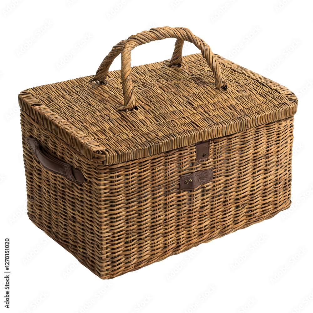 Poster woven wicker storage basket with handles, ideal for organizing items and adding rustic touch to home